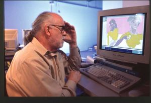 Harold Cohen with SGI System, photographed at Boston Computer Museum, 1995. Photographer Hank Morgan, image courtesy Gazelli Art House.